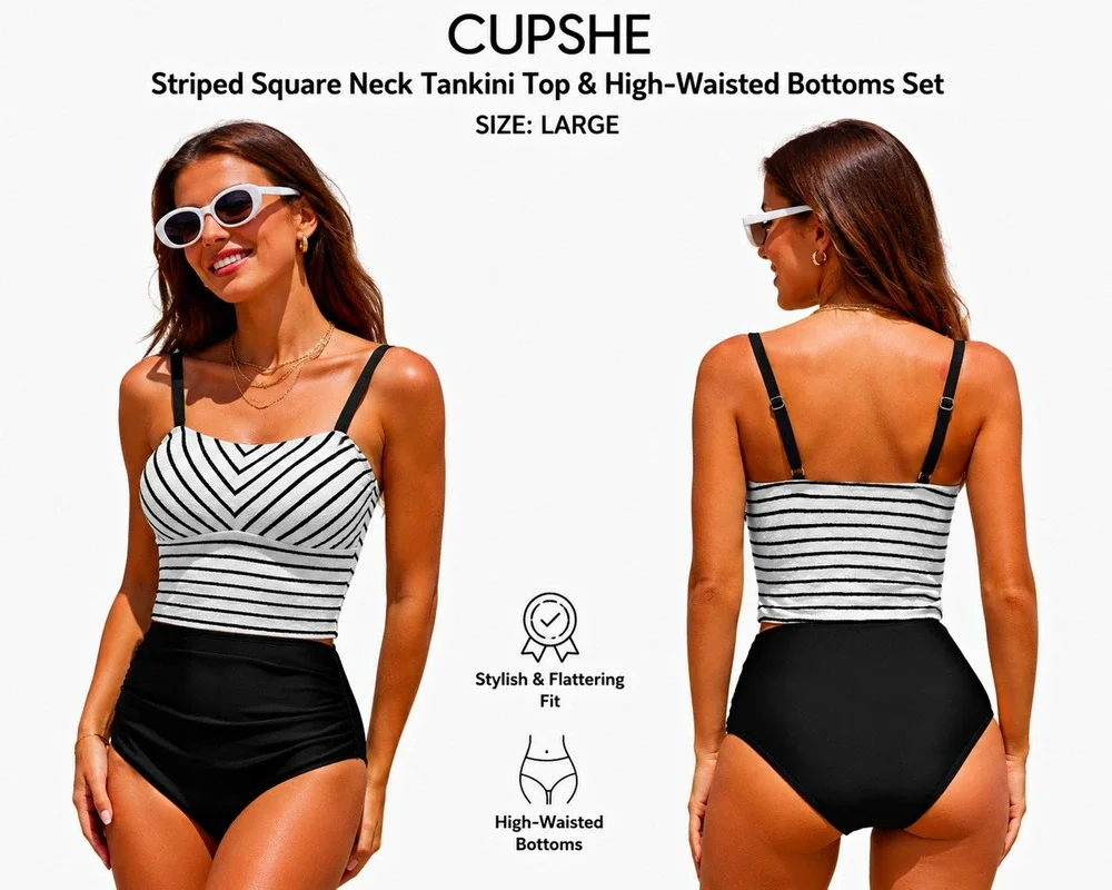 CUPSHE Striped Square Neck Tankini 2-Piece High-Waisted Black/White Women’s L
